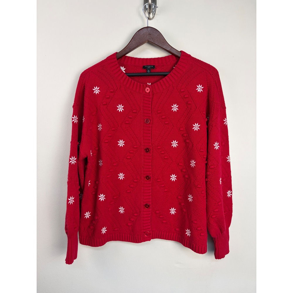 Talbots Cardigan XLP Red Snowflake Embroidered Cable Knit Bobble Holiday Sweater